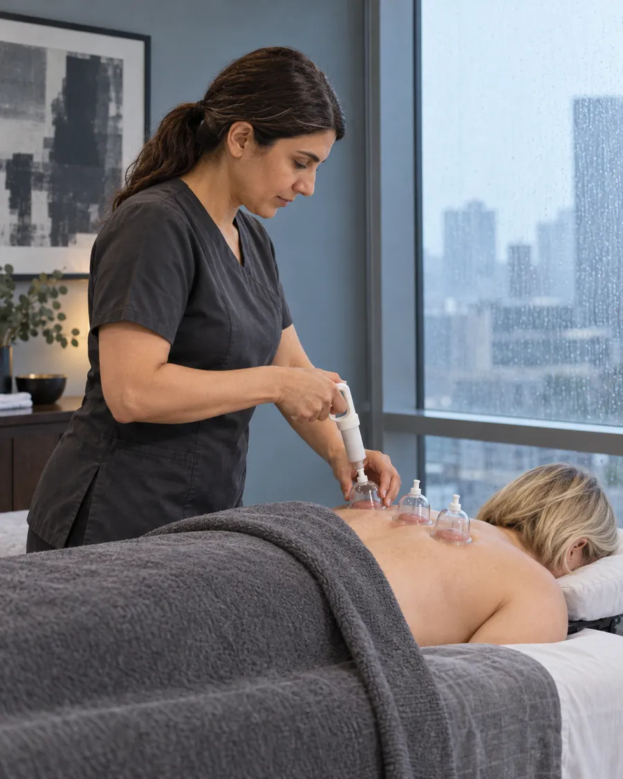 Sofia using a manual suction pump during dry cupping massage