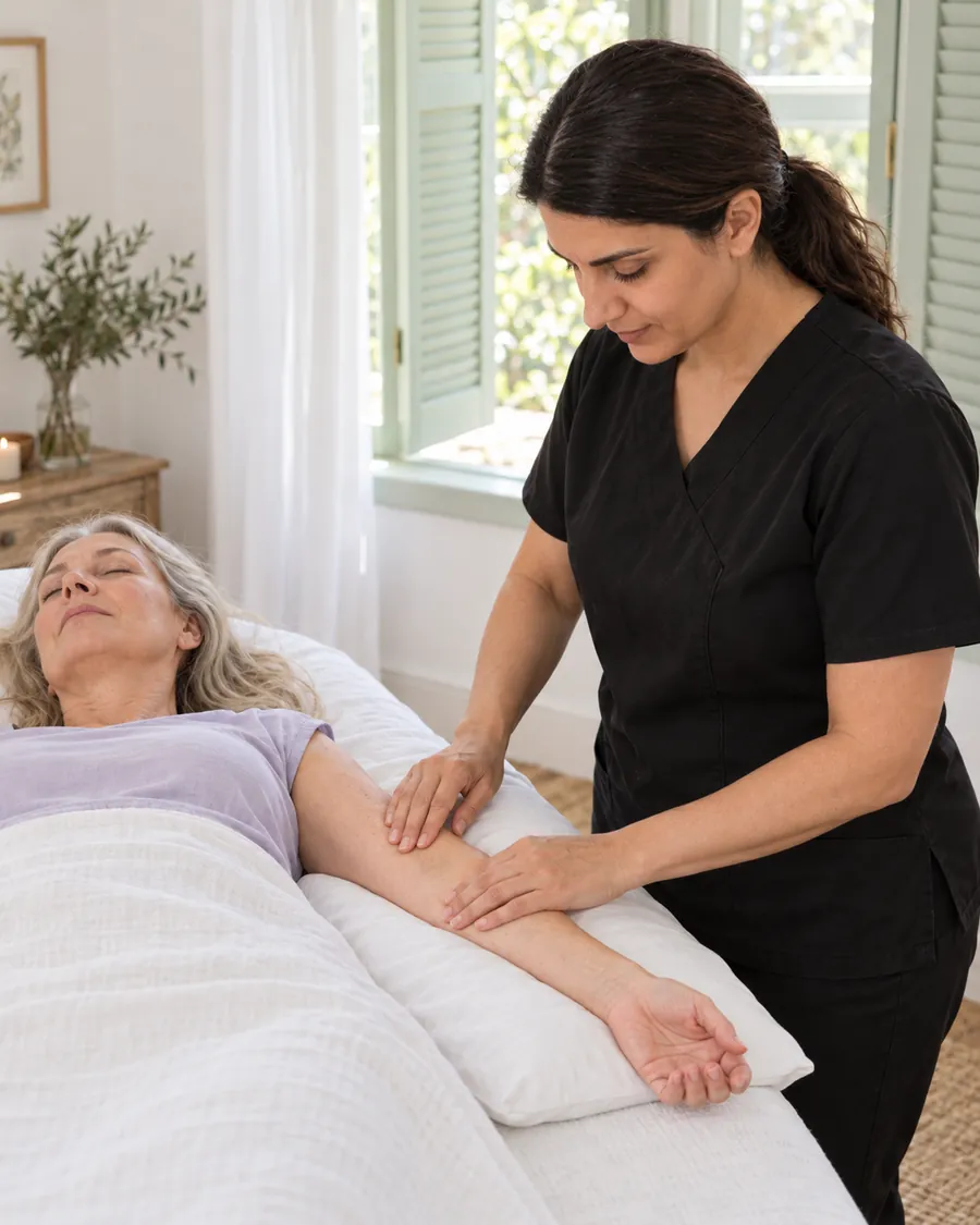 Sofia applying gentle, light movements to a client’s arm during lymphatic drainage massage