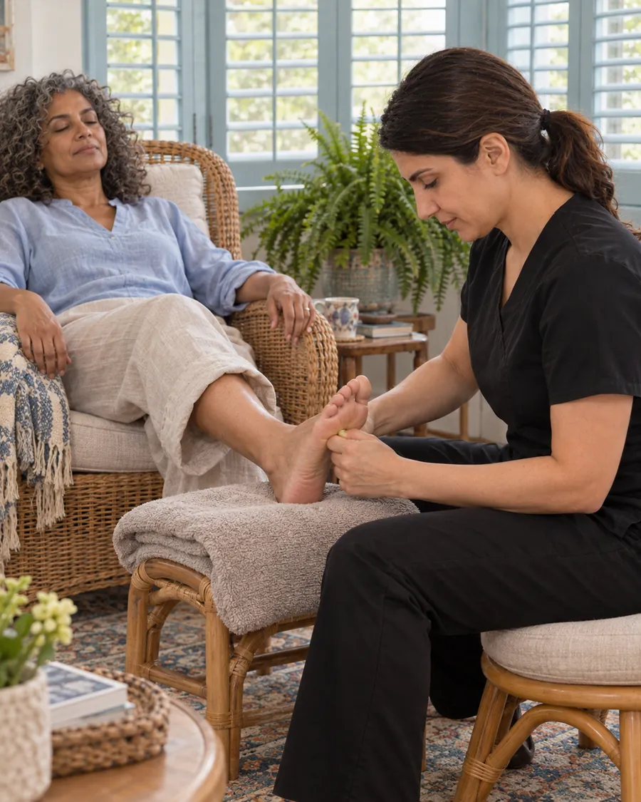 Sofia applying thumb pressure to the sole during reflexology and foot massage