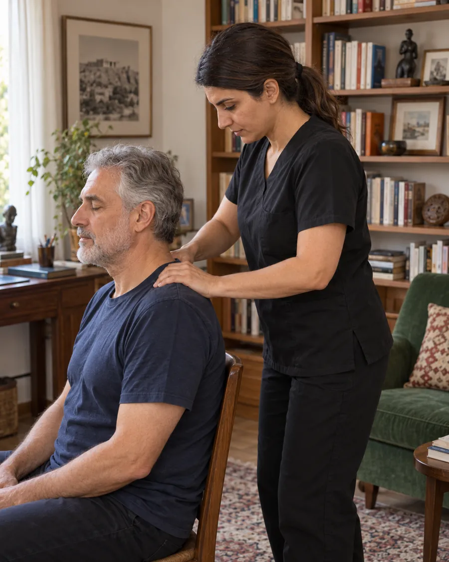 Sofia beim Kneten einer Schulter während einer therapeutischen Massage