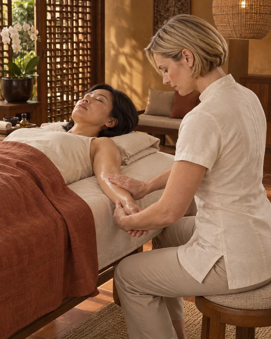 Eine Masseurin bei einer Unterarmmassage mit Öl und rhythmischem Druck
